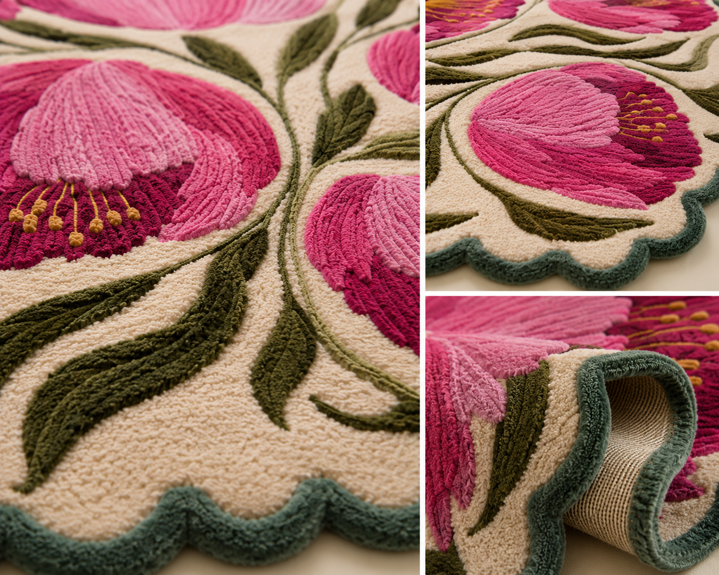 artistic floral garden rug featuring vibrant floral designs in pink and green.