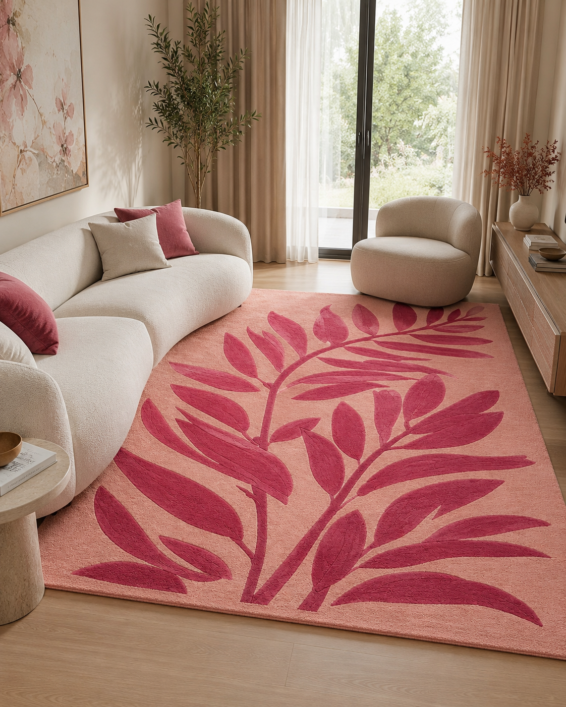 Roselle Canopy Rug featuring botanical design canopy rug with pink leafy branches on a blush background in a modern living room.
