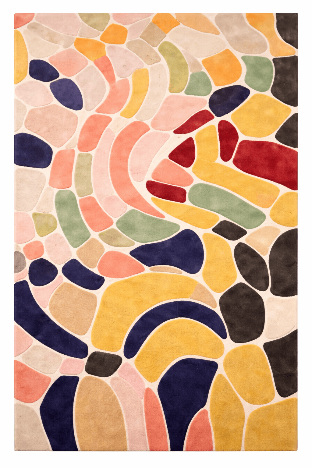 Abstract Mosaic Hand-Tufted Rug featuring playful colors like blush pink, mustard yellow, and navy blue for vibrant interiors.