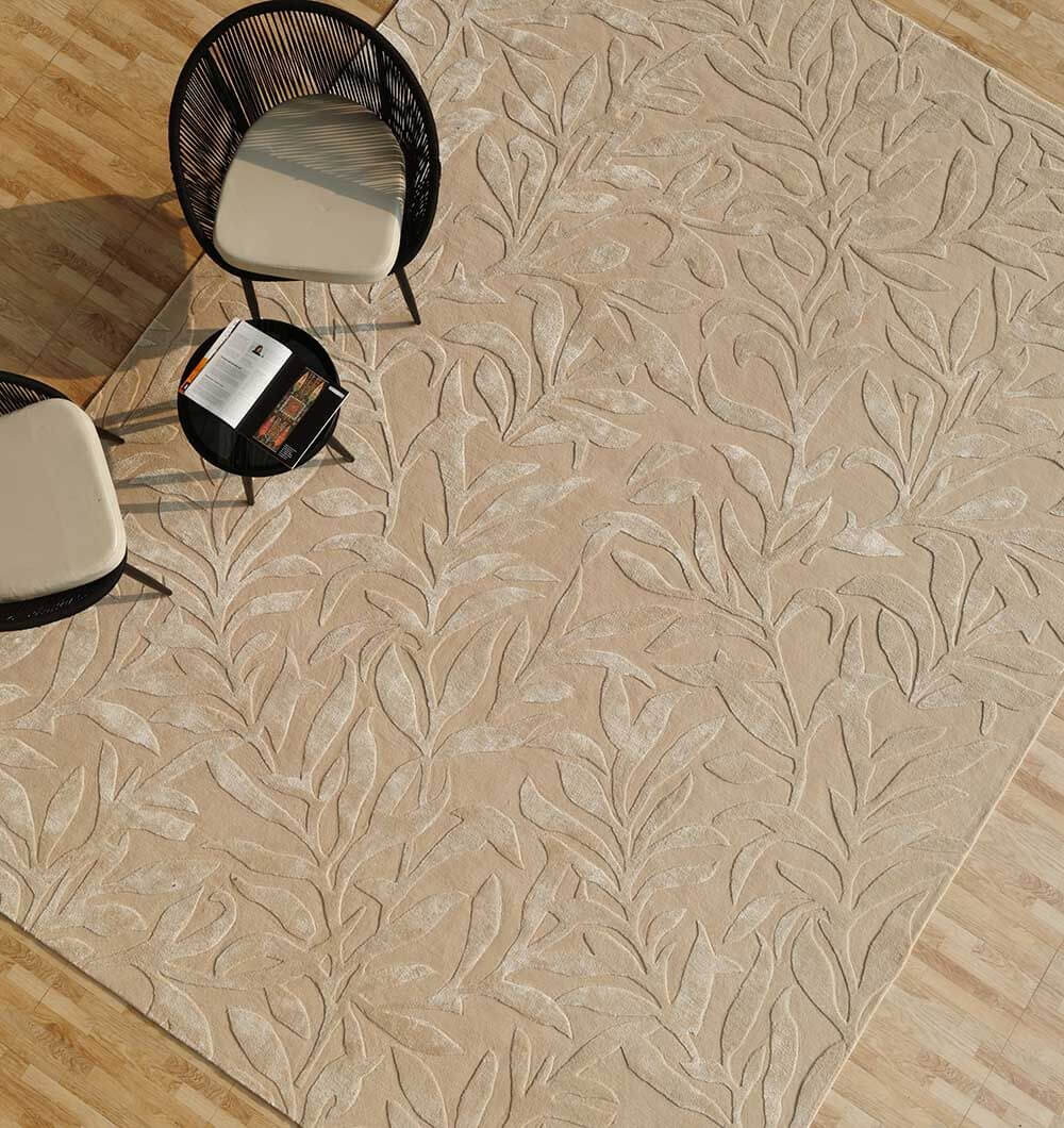 Serenity Leaf Hand-Tufted Rug in neutral tones, showcasing intricate leafy pattern, enhancing modern decor.