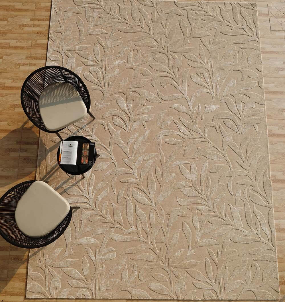 Serenity Leaf Hand-Tufted Rug with leafy pattern, enhancing modern decor in soft neutral tones.
