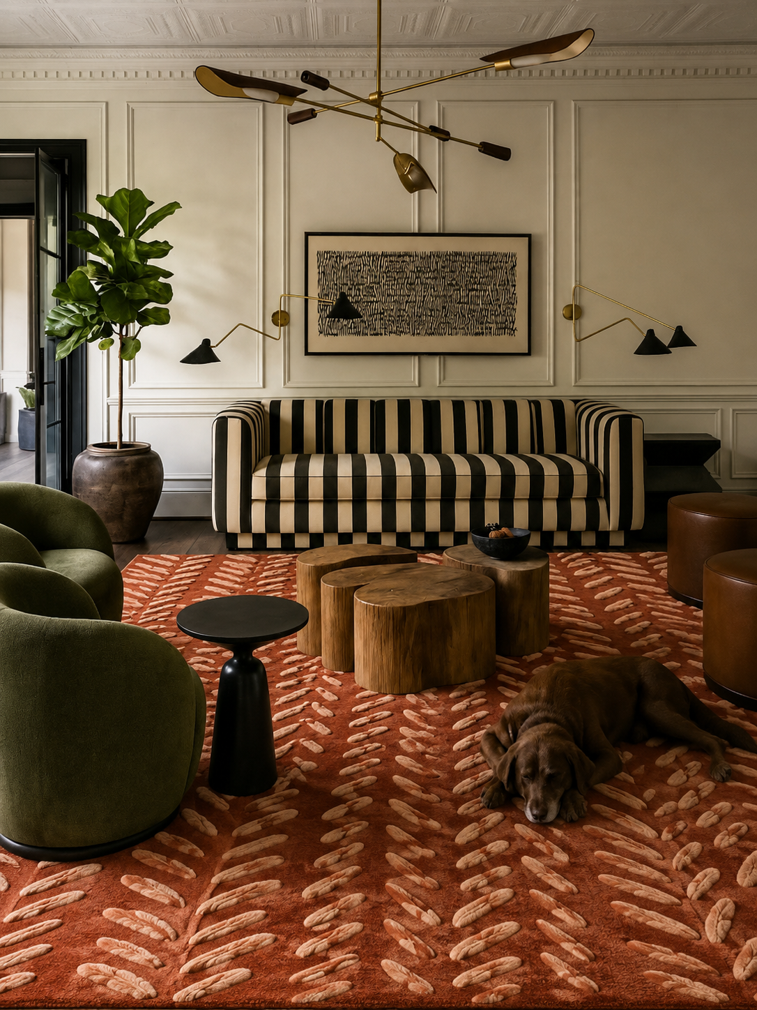 Living room featuring a hand-tufted floral area rug with leaf motifs in rich terracotta and ivory accents.