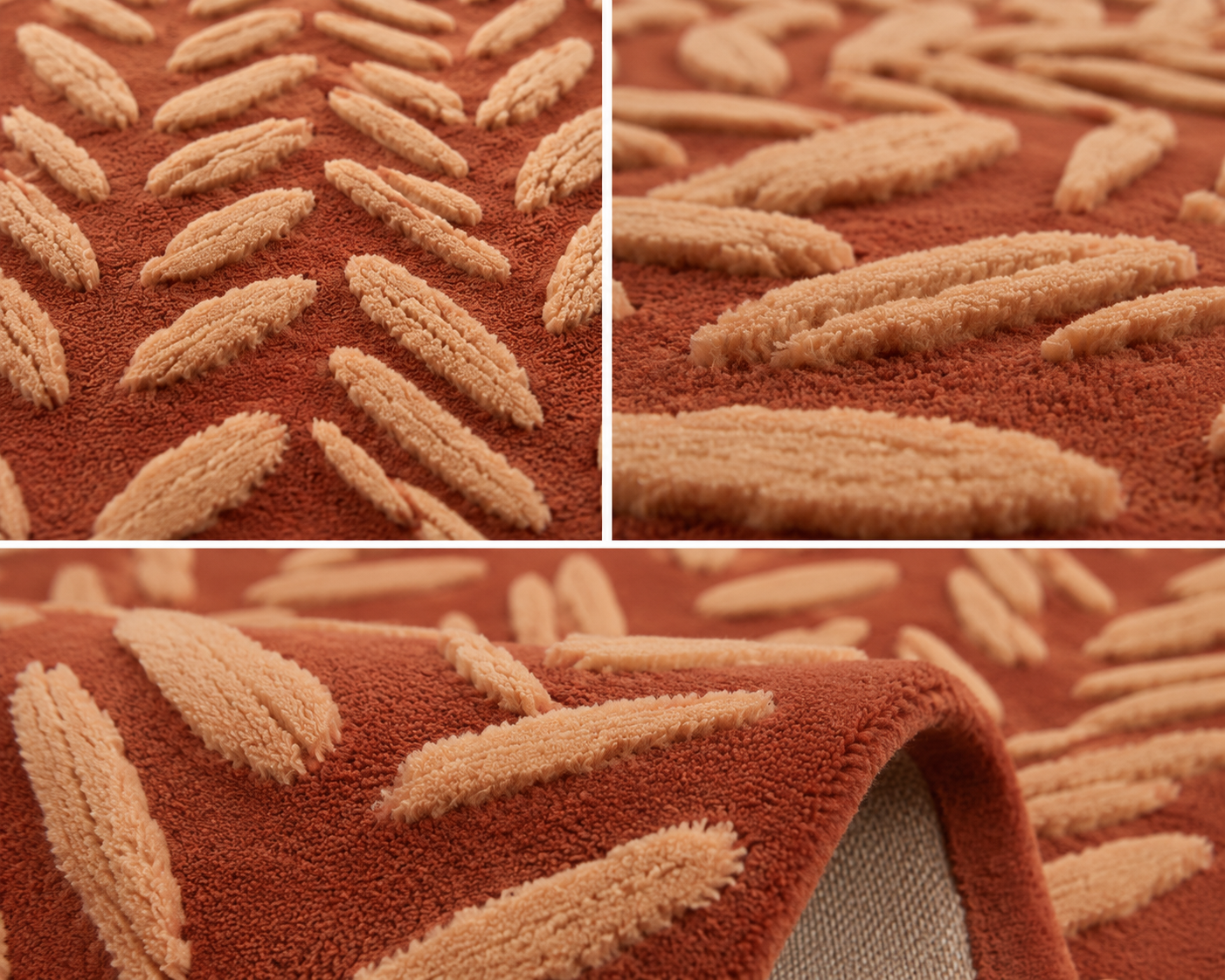 Close-up view of Savannah Trail Rug, a hand-tufted floral area rug featuring terracotta and ivory leaf motifs.