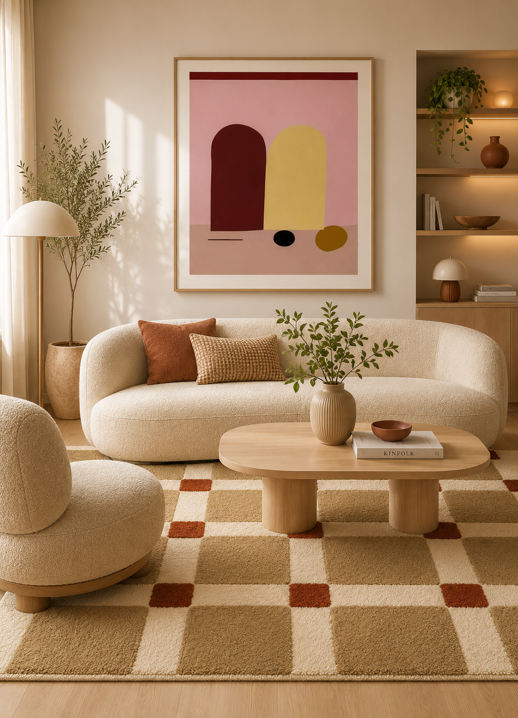 Stylish living room featuring the Terra Grid Harmony Rug with soft ivory and terracotta accents, perfect for contemporary interiors.