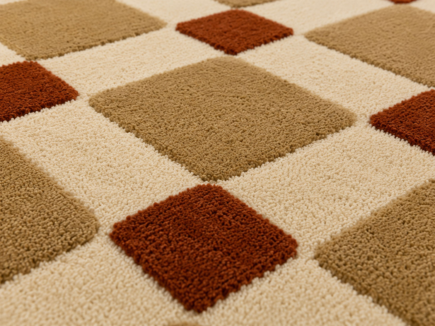 Close-up of the Terra Grid Harmony Rug showcasing rounded camel squares and terracotta accents on a soft ivory base.