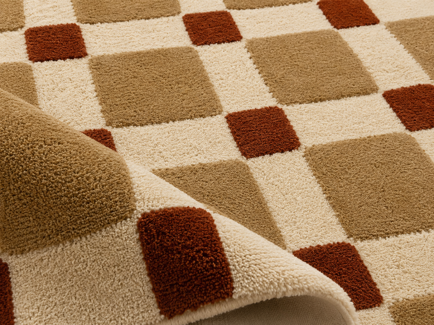Close-up view of the Terra Grid Harmony Rug showcasing playful geometric design with camel and terracotta squares.