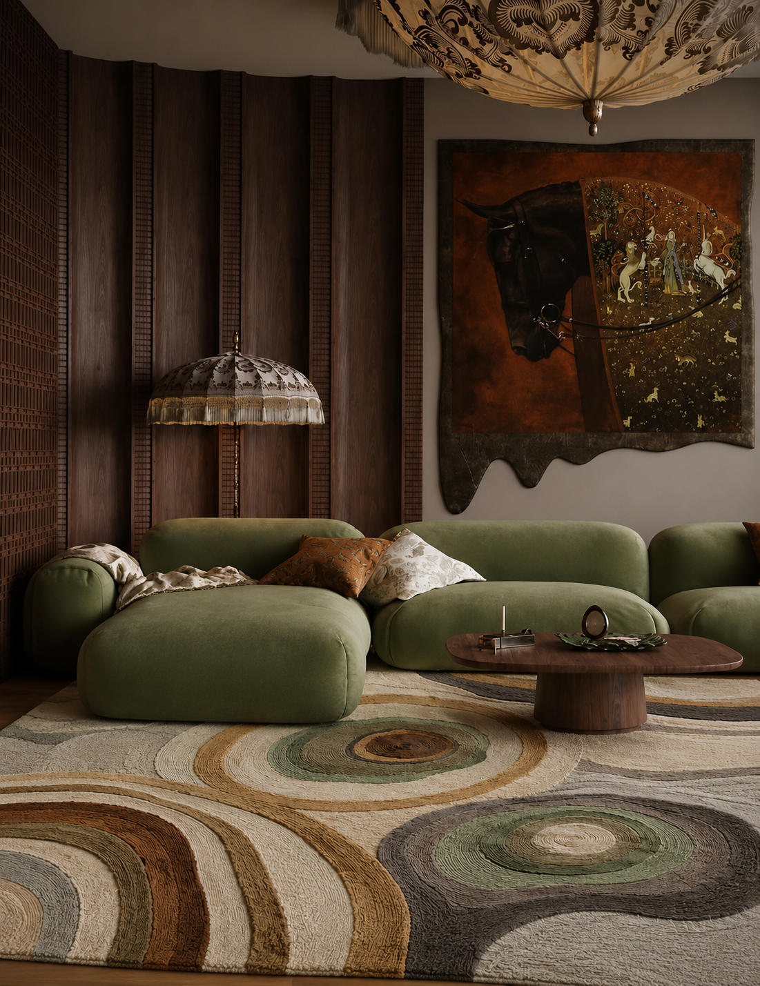 Stylish living room featuring Terra Orbit contemporary area rug with concentric patterns and plush green sofa.