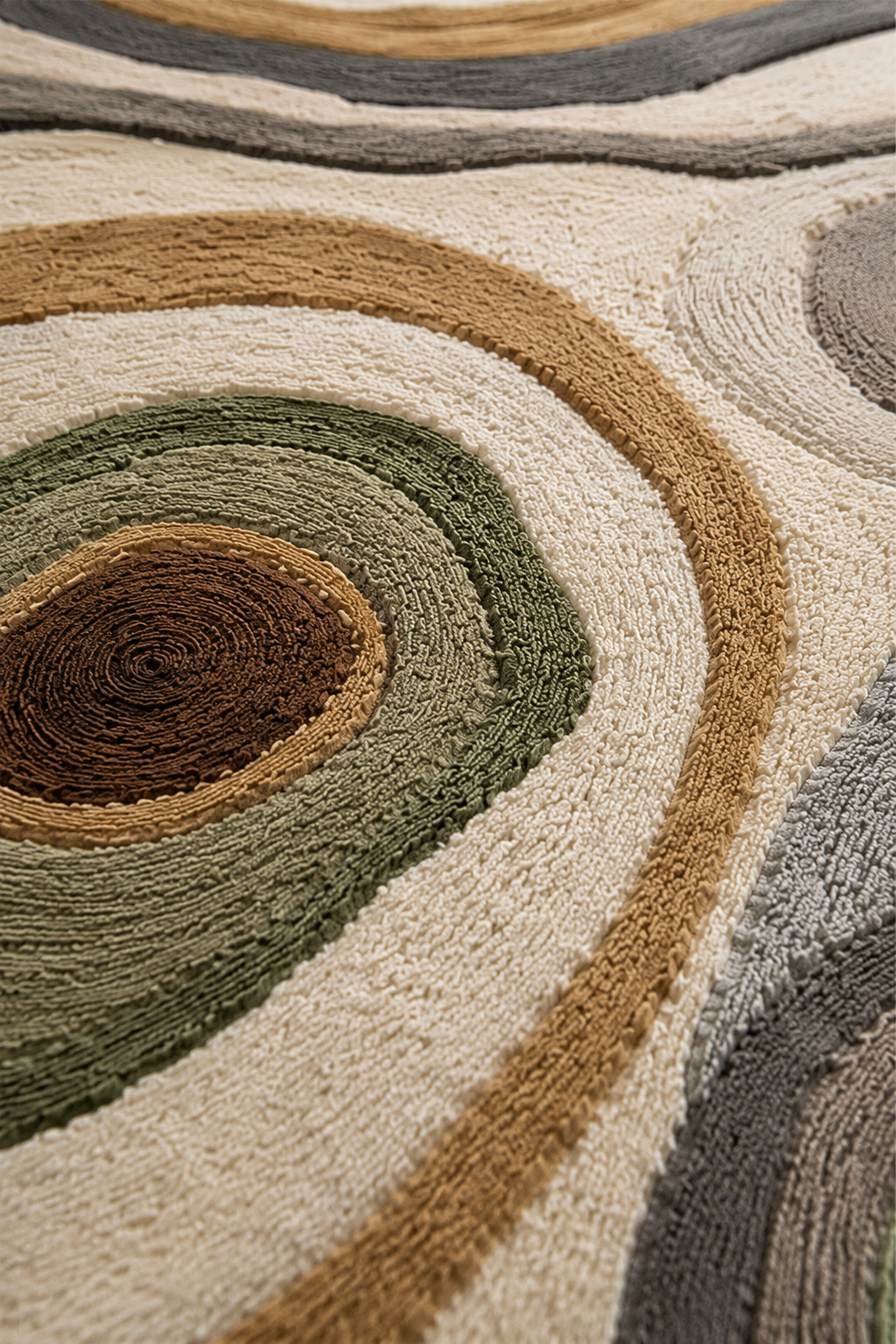 Close-up of the Terra Orbit contemporary area rug showcasing flowing concentric contours in warm earthy tones.