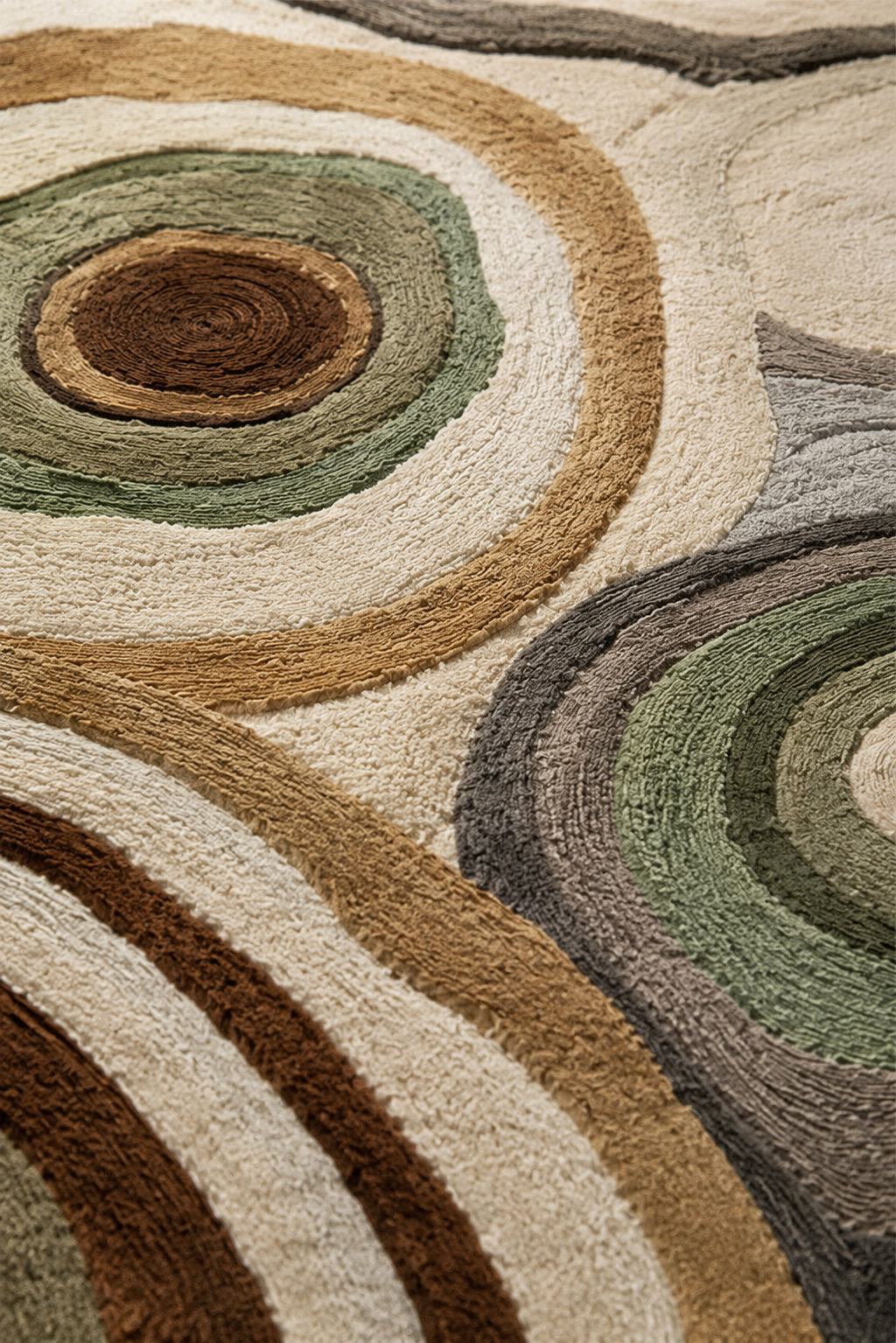 Terra Orbit contemporary area rug featuring concentric circular patterns in warm tones, showcasing organic art design.