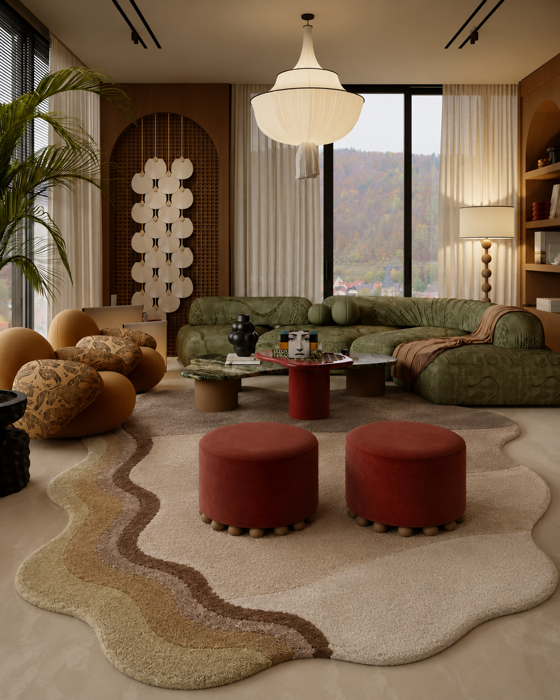 Terra Tide Rug, an organic contour area rug, enhancing a contemporary living room with earthy tones and sculptural design.