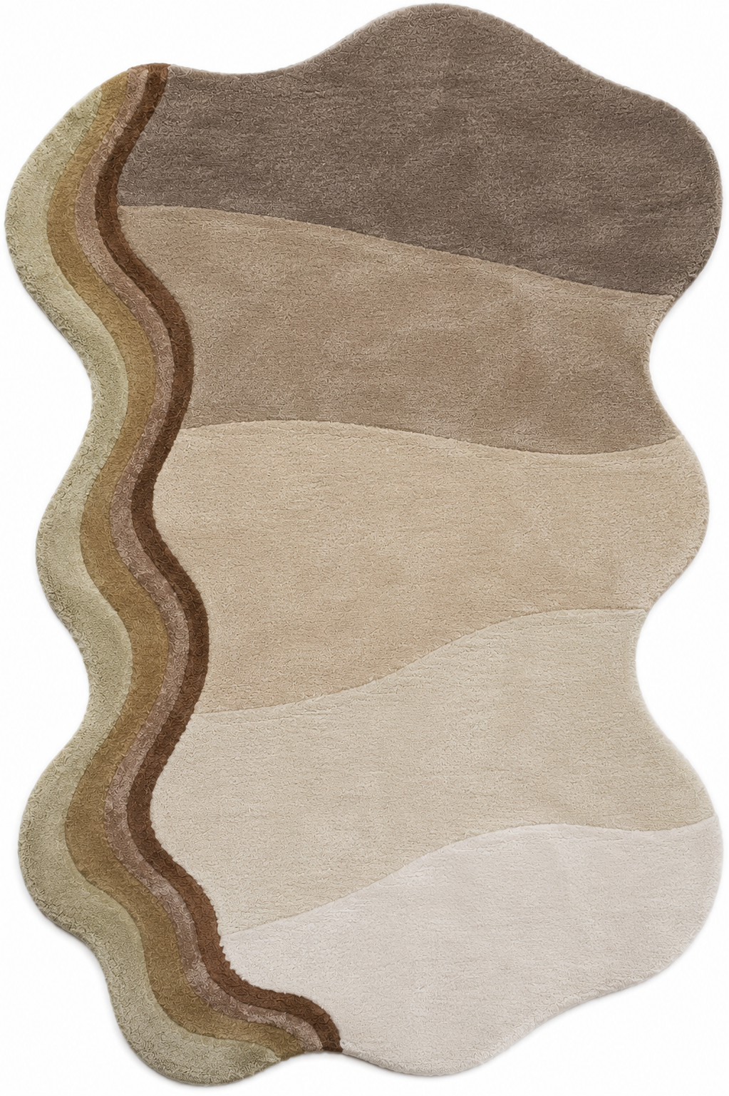 Organic contour area rug in warm earth tones with flowing edges and soft textures, inspired by natural landscapes.