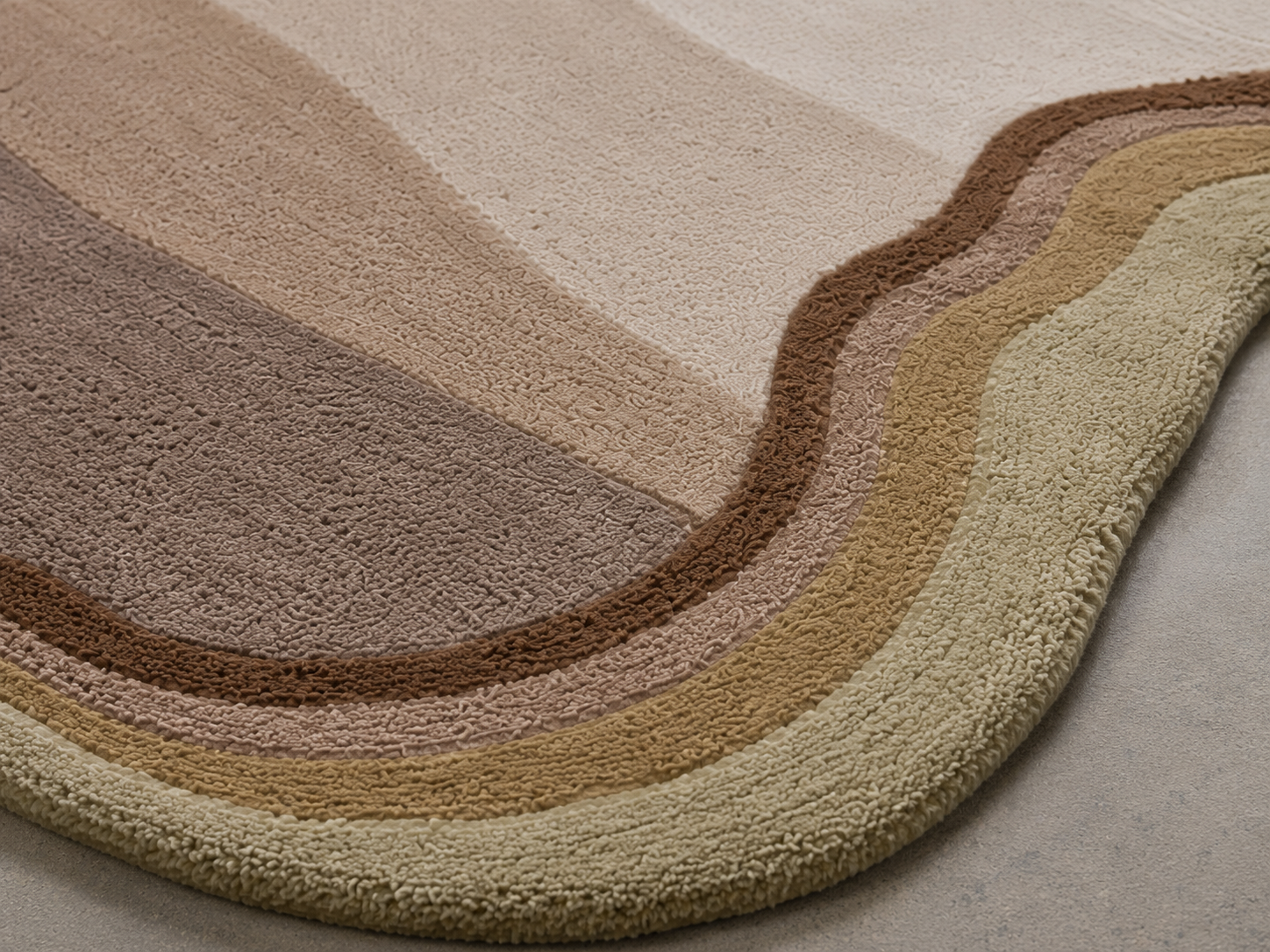 Organic contour area rug featuring soft earth tones and a flowing carved border.
