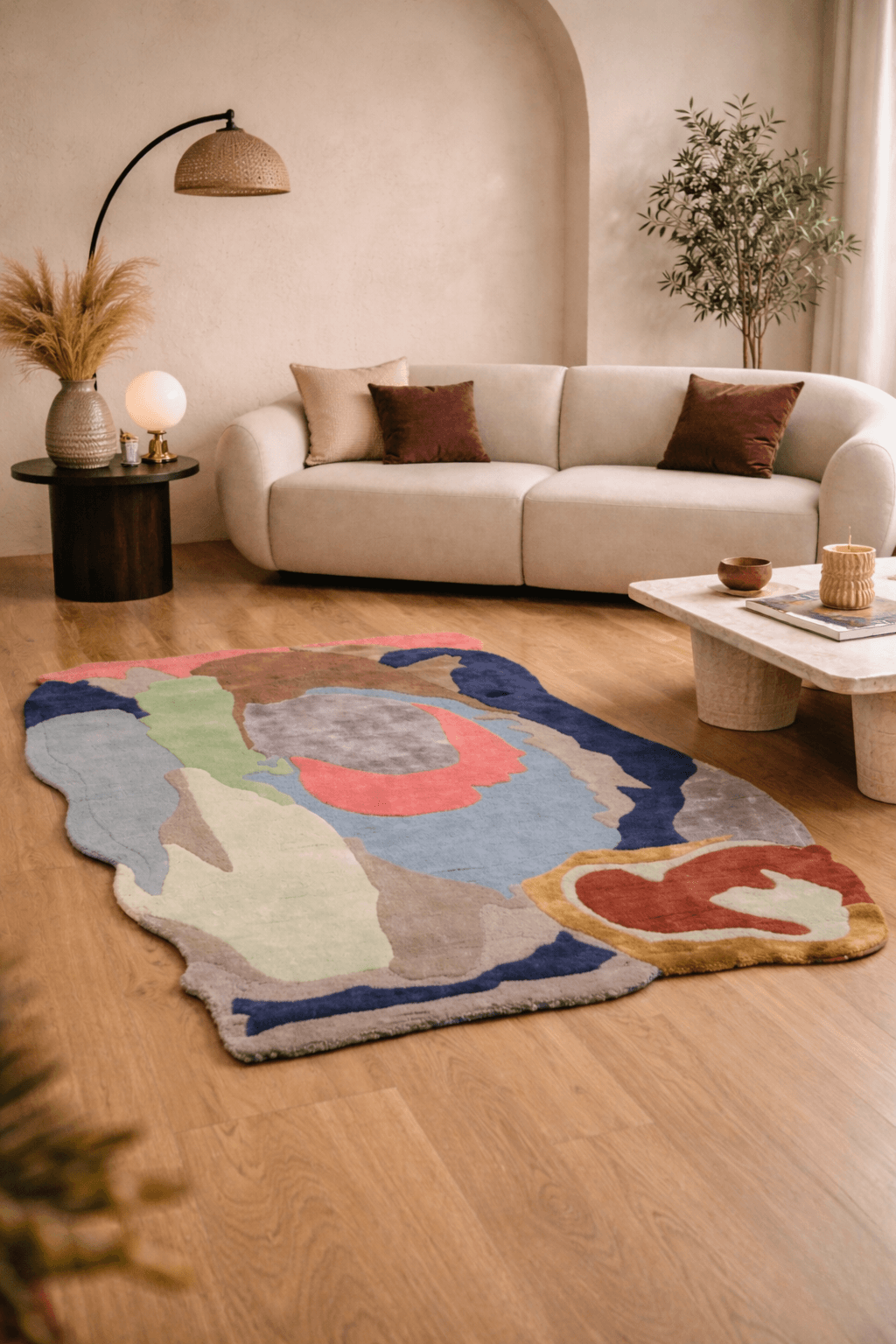 Terra Flow Abstract Hand-Tufted Rug featured in a modern living room with earthy tones and artistic design.