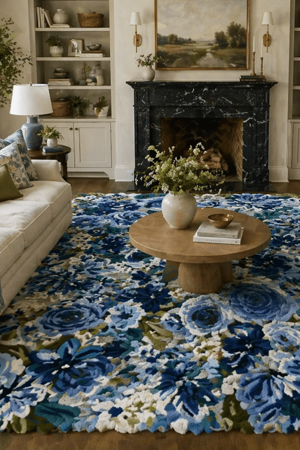 Azure Bloom hand-tufted floral area rug placed in a stylish living room with a cozy sofa and wooden coffee table.