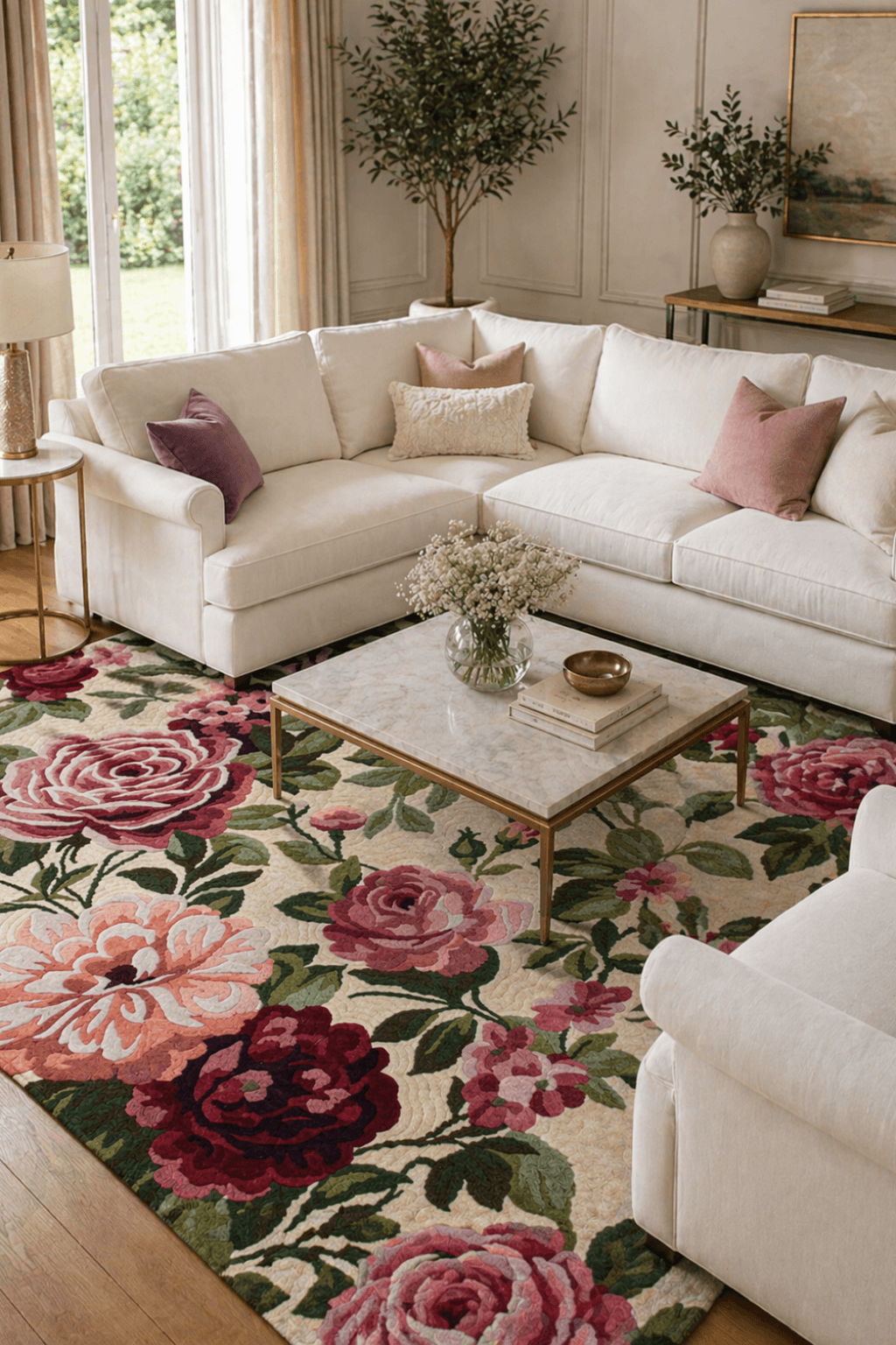 Vintage floral garden rug displayed in a cozy living room with a white sofa and coffee table.