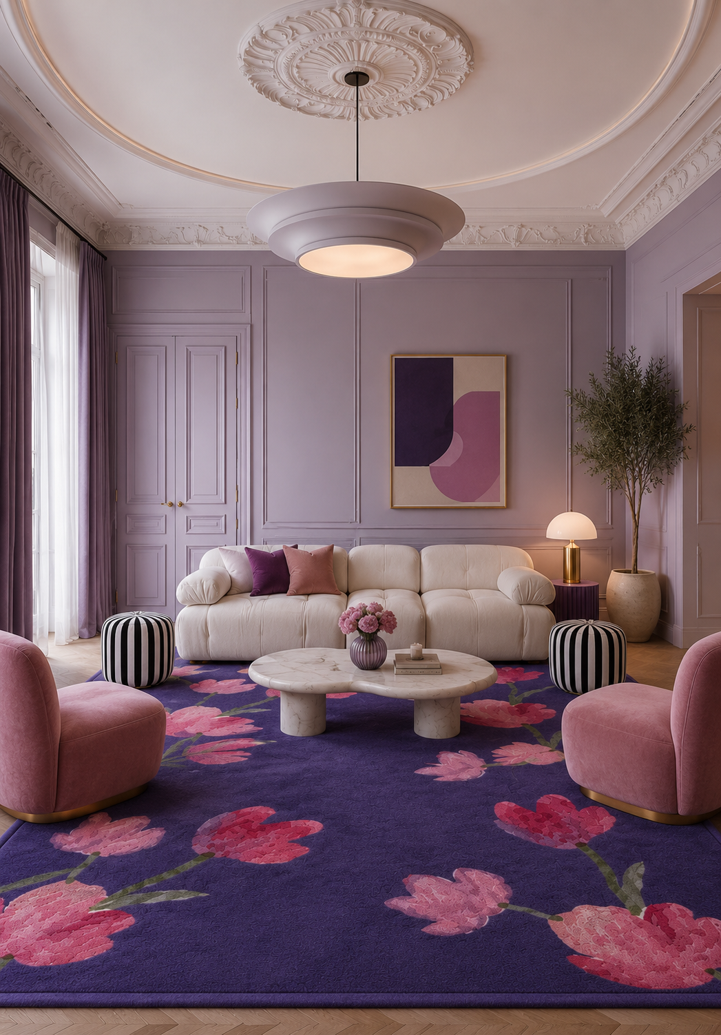 Violet Blossom Rug showcased in a stylish living room, featuring vibrant floral designs on a rich violet backdrop.