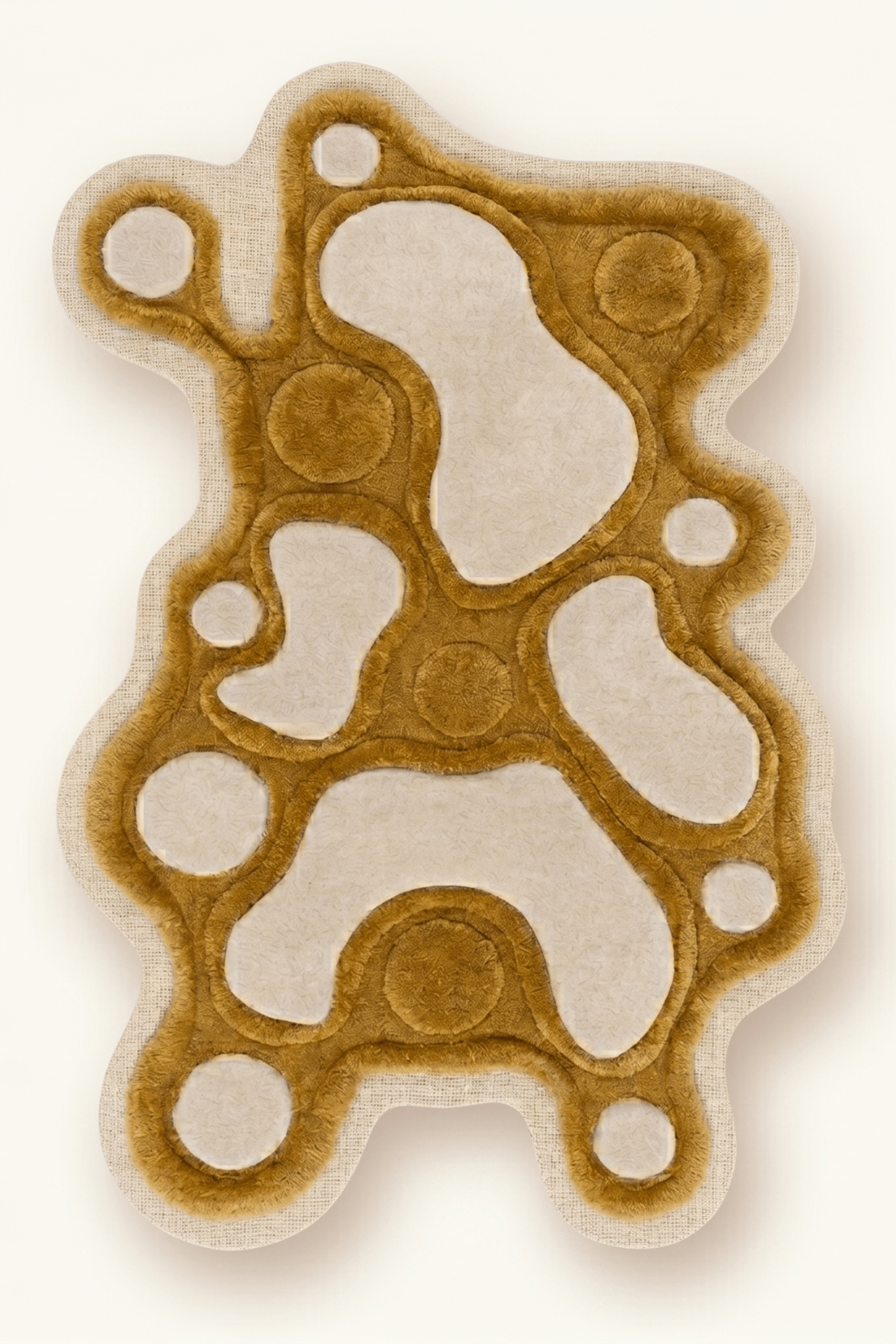 Artistic multi-texture rug in ochre and cream, featuring a unique design mimicking cellular structures and natural maps.