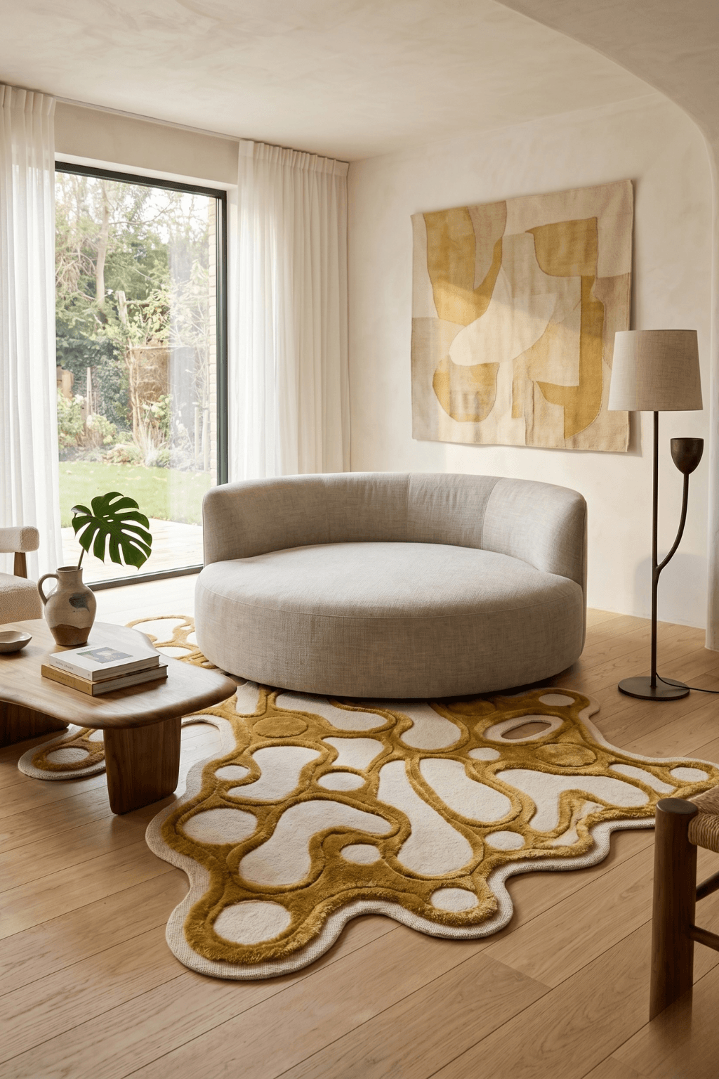 Artistic multi-texture rug Amorphous Ochre adds a vibrant touch to a modern living room with unique design elements.