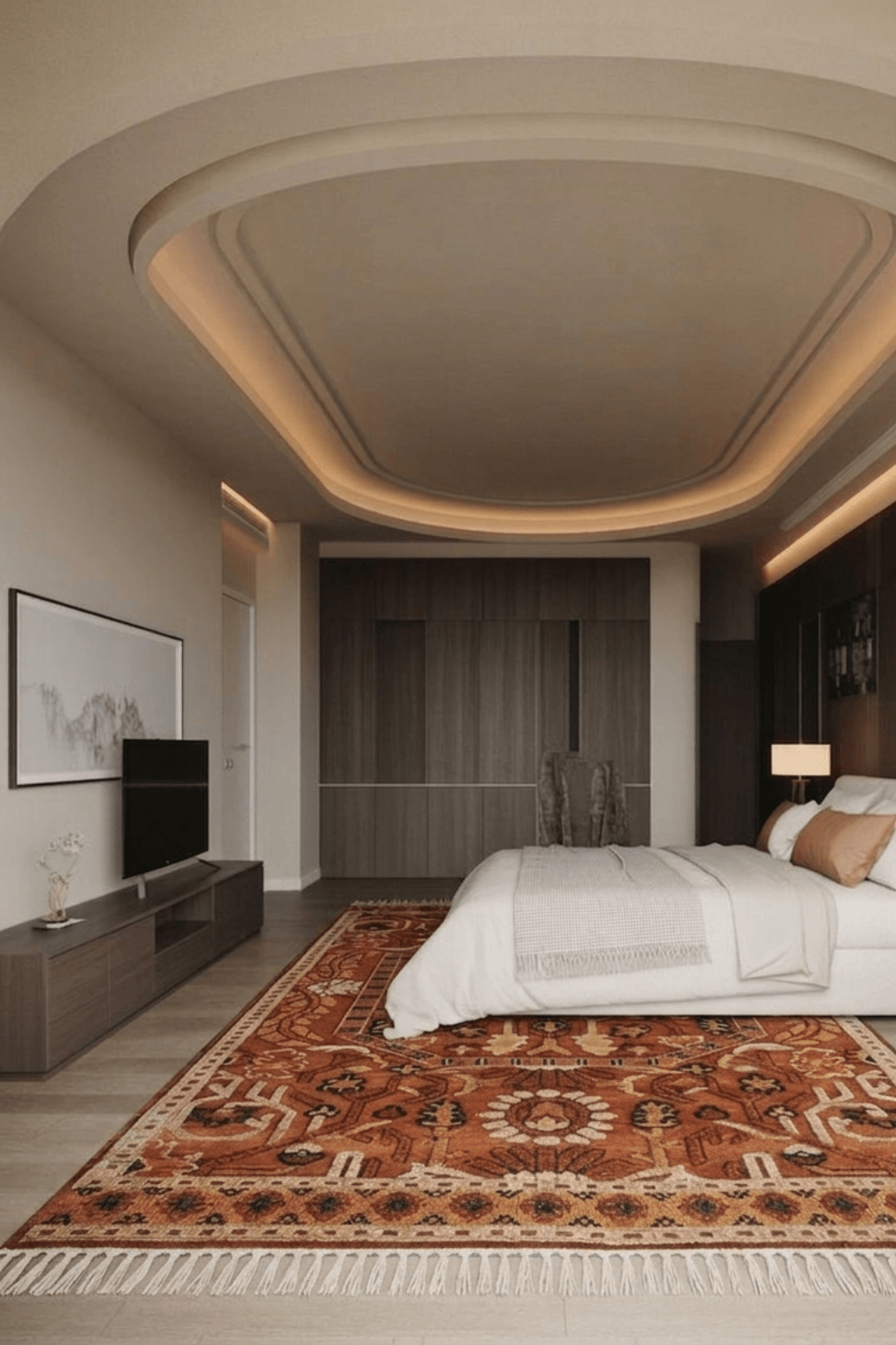 A sophisticated bedroom featuring a hand-knotted tribal geometric area rug in rich terracotta and burnt orange tones.