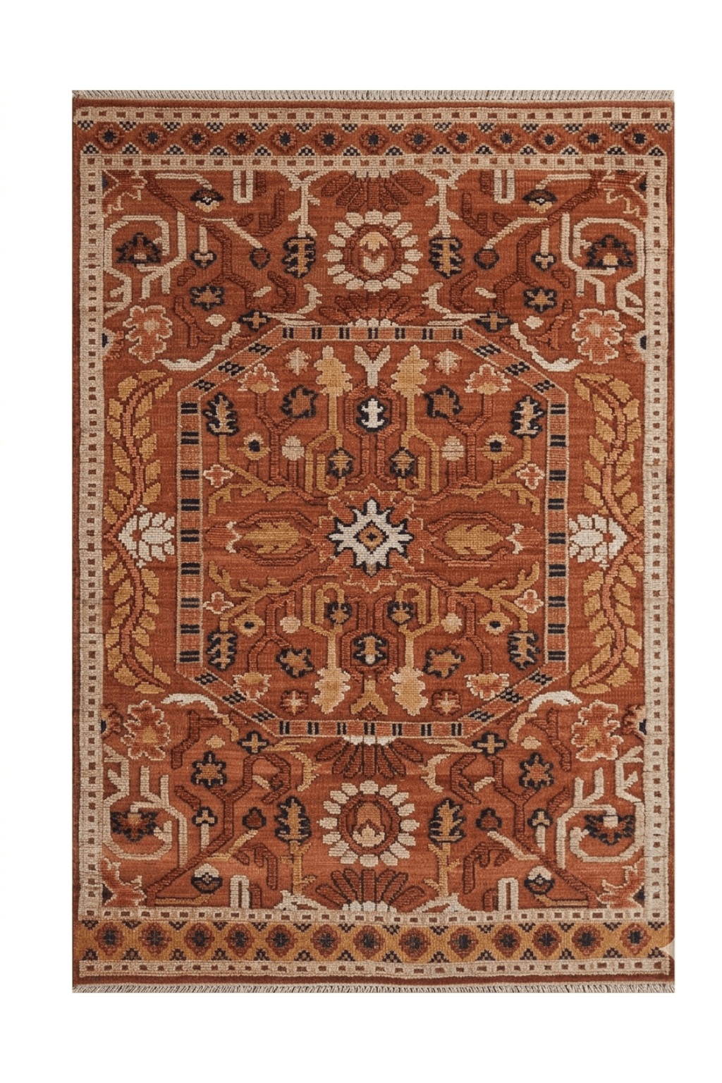 Tribal geometric area rug featuring earthy tones of terracotta and burnt orange with intricate patterns.