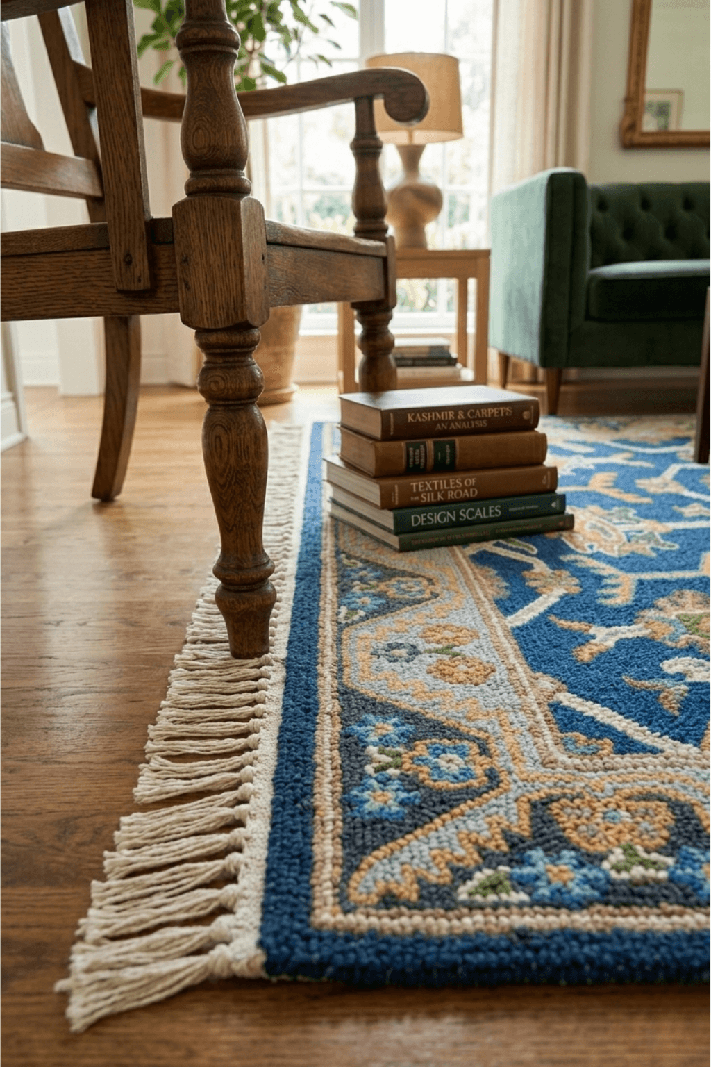 Azure Heritage Medallion Rug displayed in a cozy living room with books stacked beside a wooden chair.