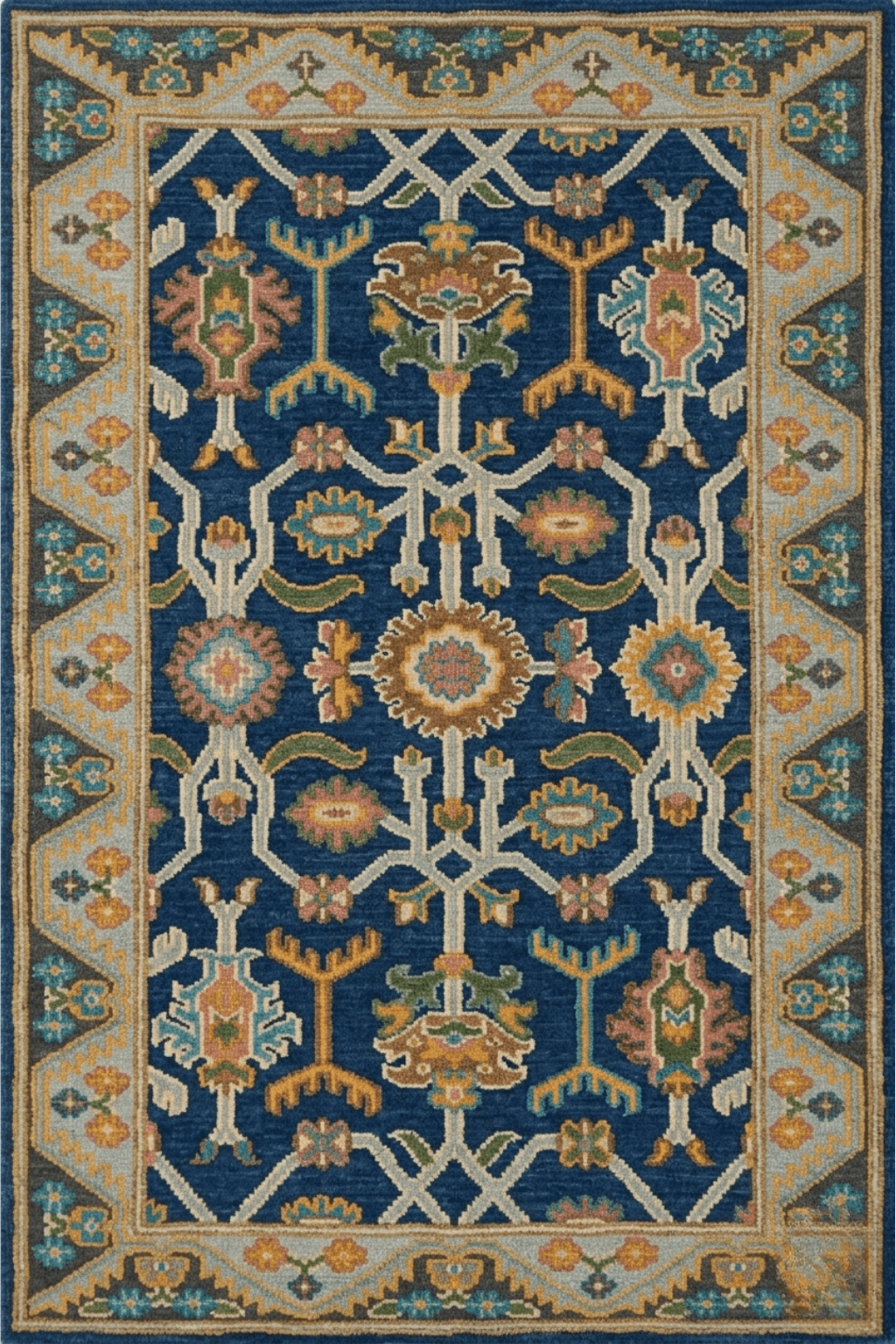 Azure Heritage Medallion Rug featuring intricate geometric patterns on a deep cobalt blue background.