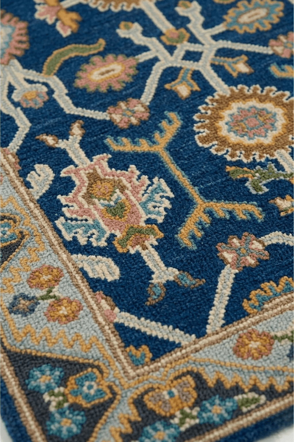 Detailed view of Azure Heritage Medallion Rug featuring vibrant patterns and rich cobalt blue background.