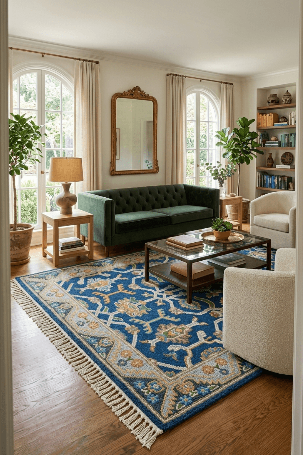 Azure Heritage Medallion Rug showcasing vibrant cobalt blue in a stylish living room with elegant furnishings.