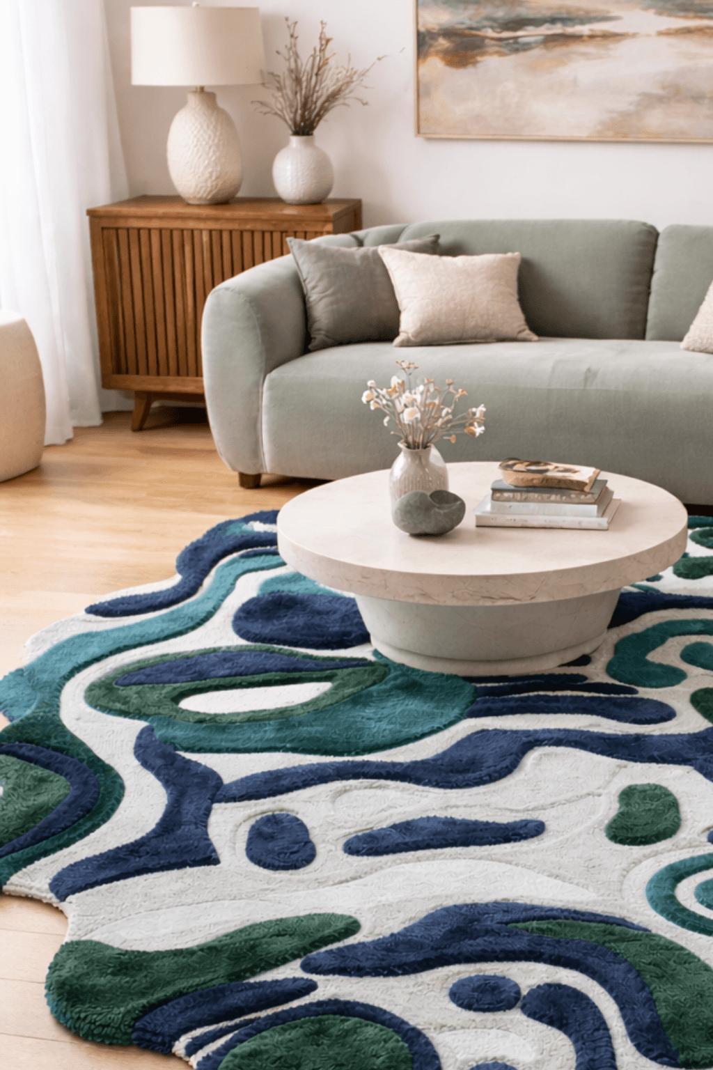 Ocean-inspired hand-tufted rug showcasing emerald, navy, and seafoam colors in a stylish living room setting.