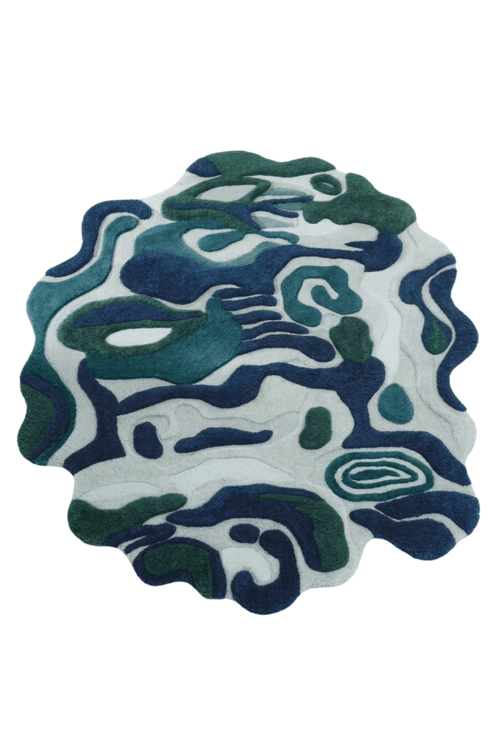 Ocean-inspired hand-tufted rug showcasing deep-sea currents with emerald, navy, and seafoam colors.