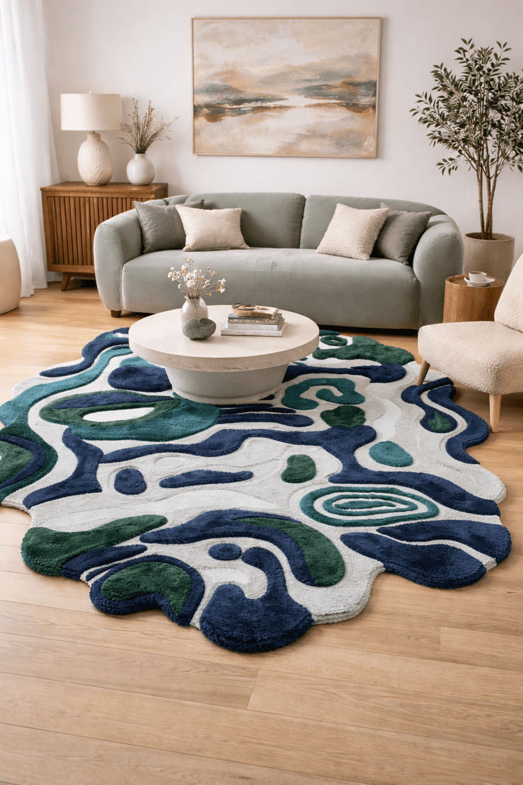 Ocean-inspired hand-tufted rug showcasing a unique design in emerald, navy, and seafoam colors in a cozy living room.