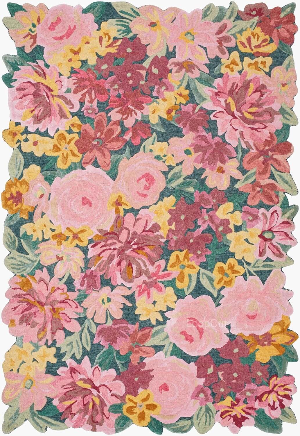 Sculpted floral rug featuring vibrant pink, yellow, and green floral motifs on a textured background.