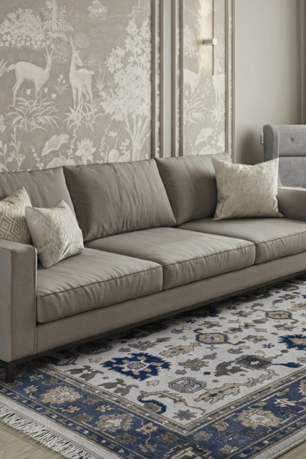 Artisan hand-knotted wool rug displayed in a stylish living space with a modern sofa and elegant decor.
