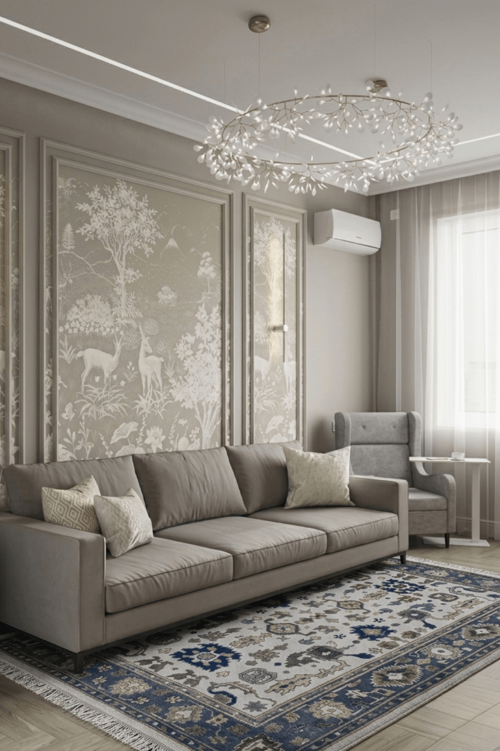 Elegant living room featuring a Caspian Heritage artisan hand-knotted wool rug and a stylish sofa.