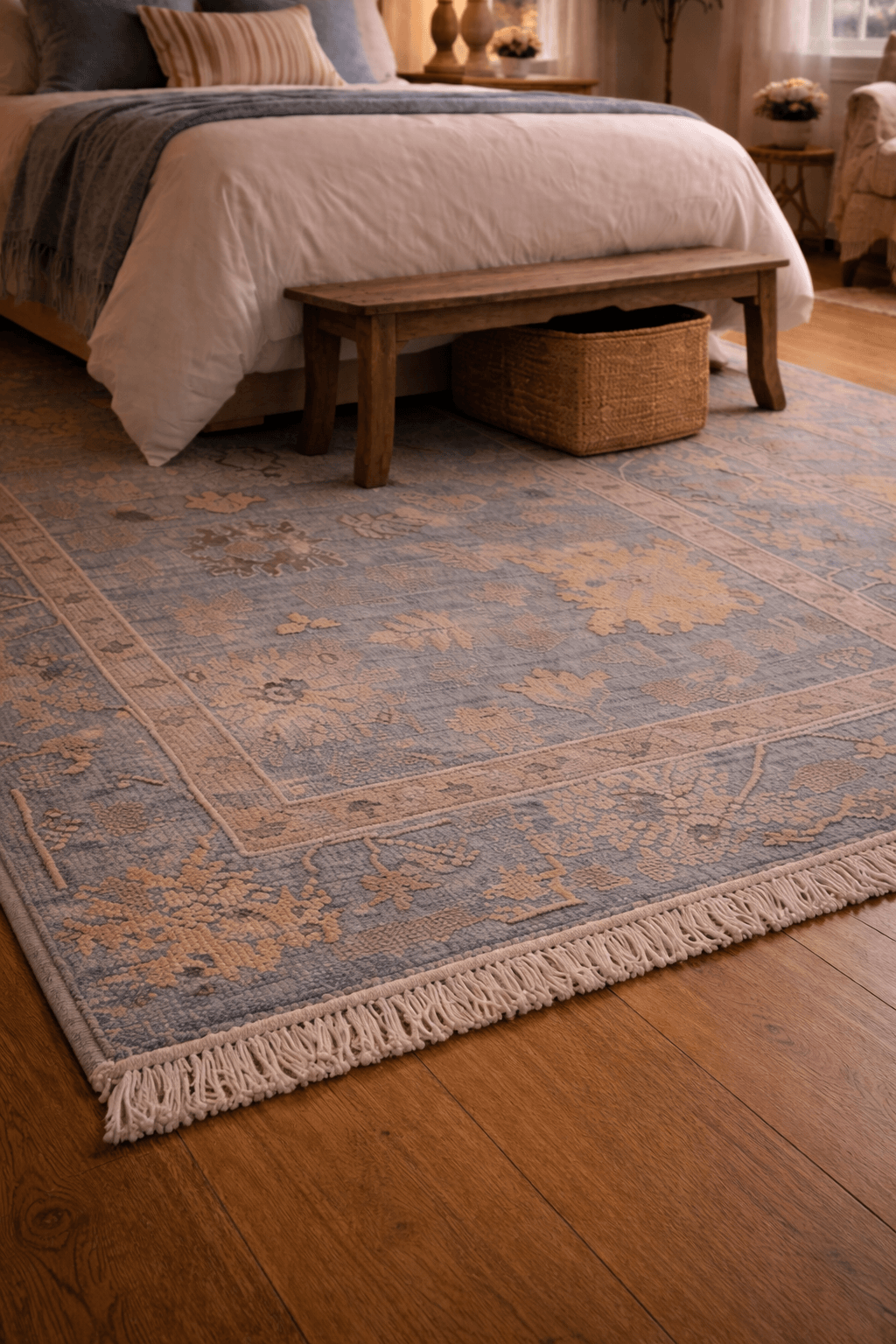 Dusty blue artisan hand-knotted rug placed elegantly in a cozy bedroom setting with wooden flooring.