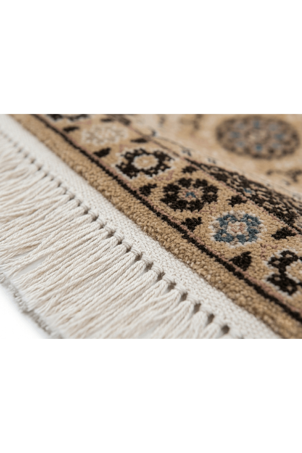 Elegant Medallion Hand-Knotted Wool Area Rug showcasing intricate floral motifs and fringe detail.
