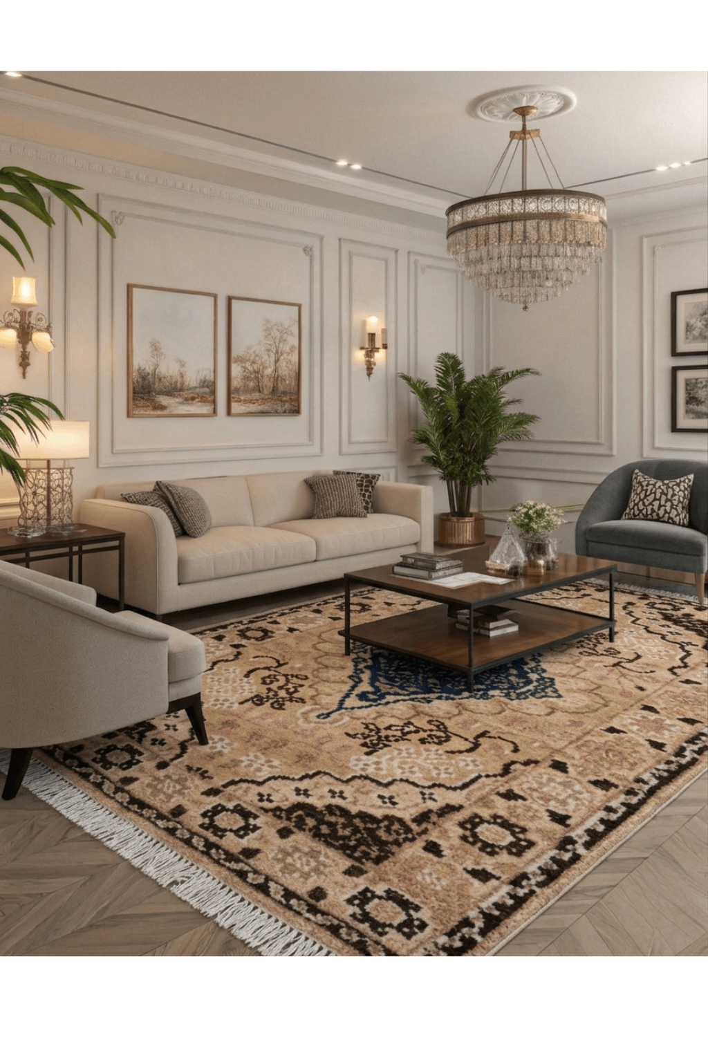 Elegant Medallion Hand-Knotted Wool Area Rug displayed in a stylish living room with elegant decor.