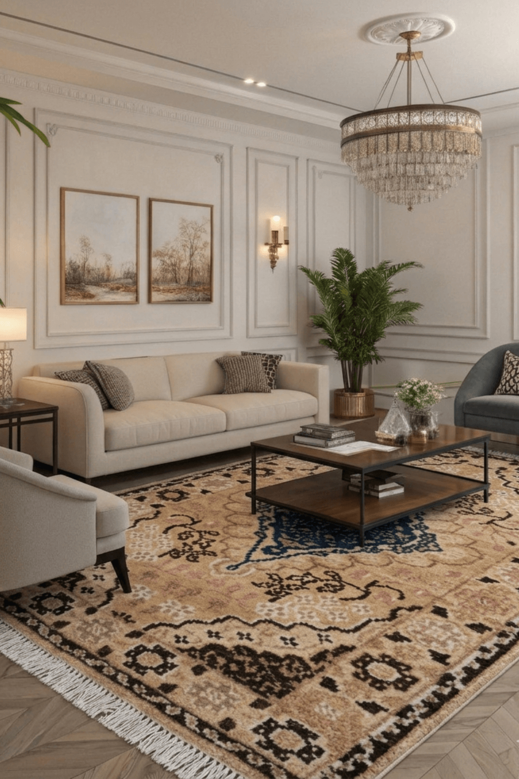 Elegant Medallion Hand-Knotted Wool Area Rug in a stylish living room setting with plants and elegant decor.