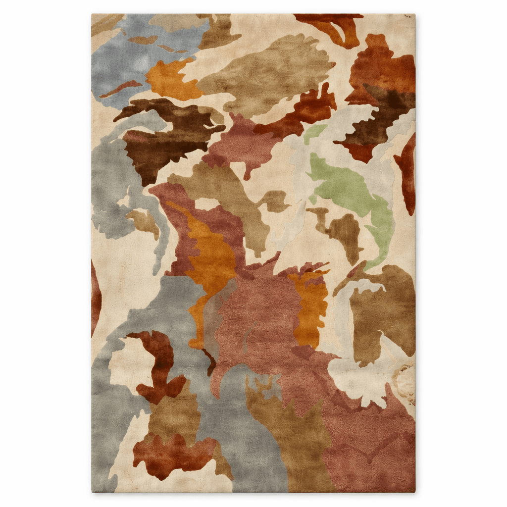 Desert Bloom Abstract Wool Rug in rich earth tones, showcasing a modern design inspired by desert landscapes.