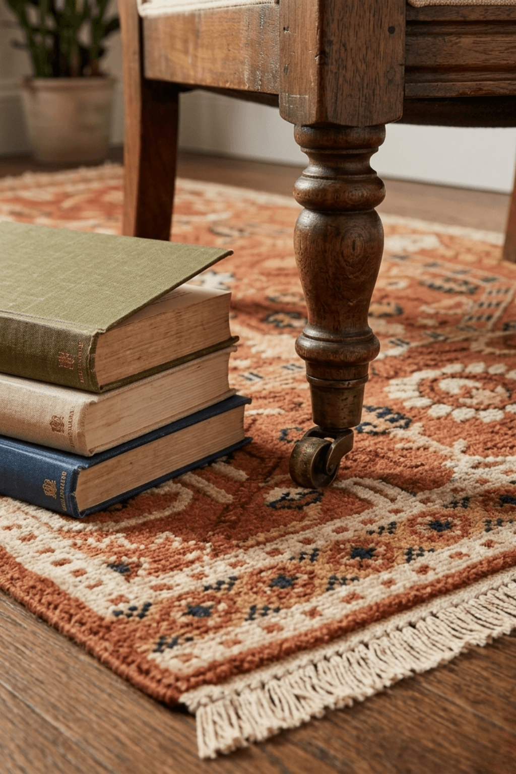 A cozy corner featuring a tribal geometric area rug, with books stacked beside a wooden chair's leg.