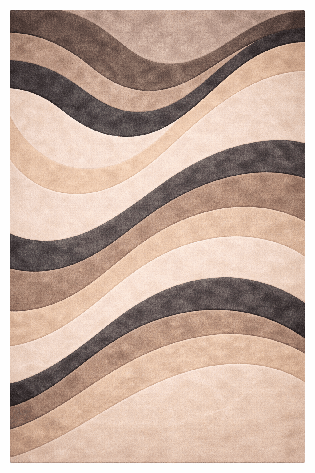 Contemporary wave rug featuring a rhythmic undulating pattern in creamy sands and deep charcoals.