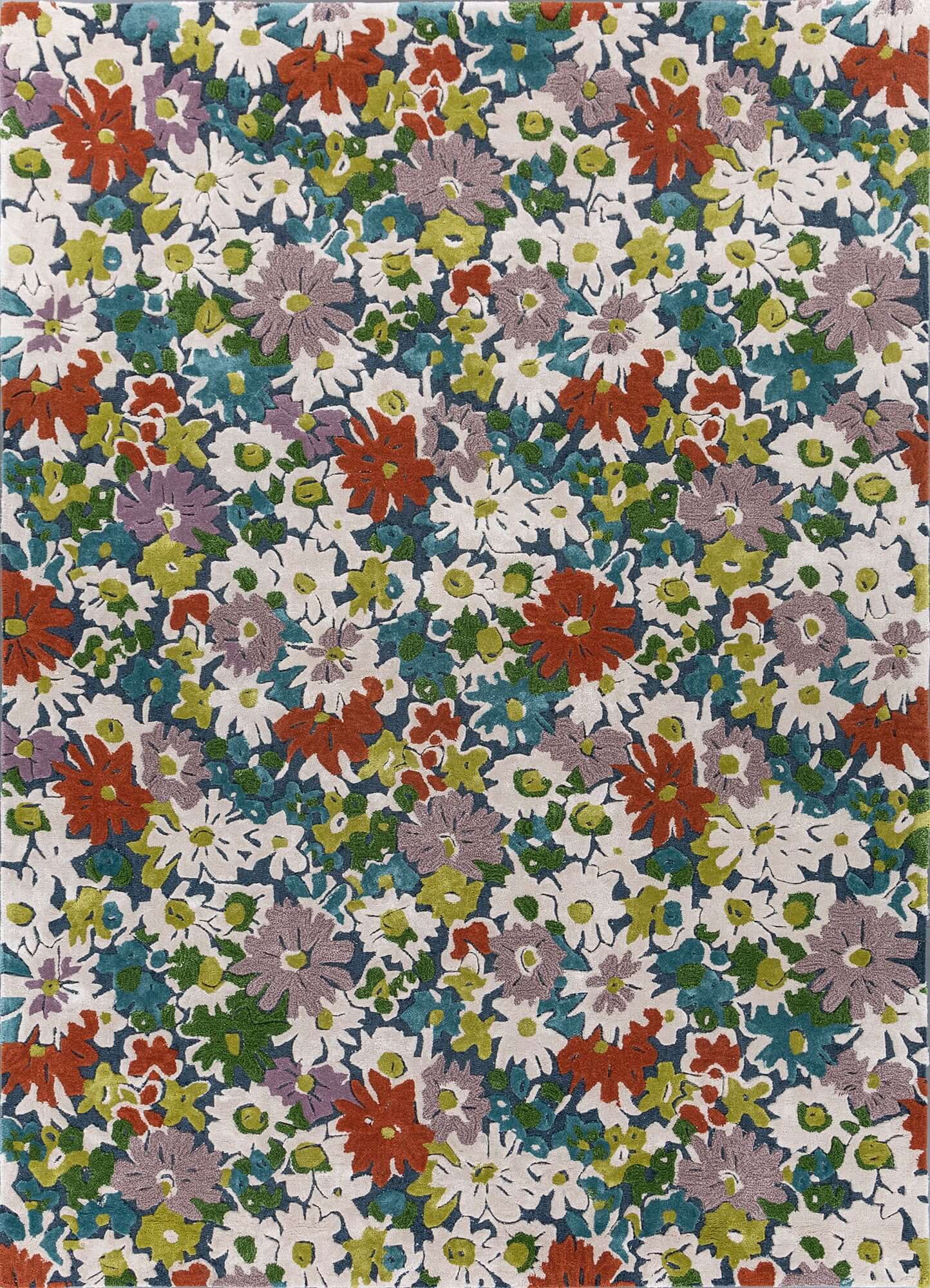 Indigo blue and white hand tufted rug with floral design, made of high quality wool and viscose, perfect for modern decor.