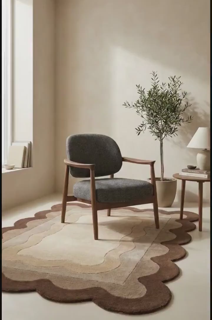 Cozy setting featuring the Cocoa Contour Scallop Rug with a stylish chair and greenery.