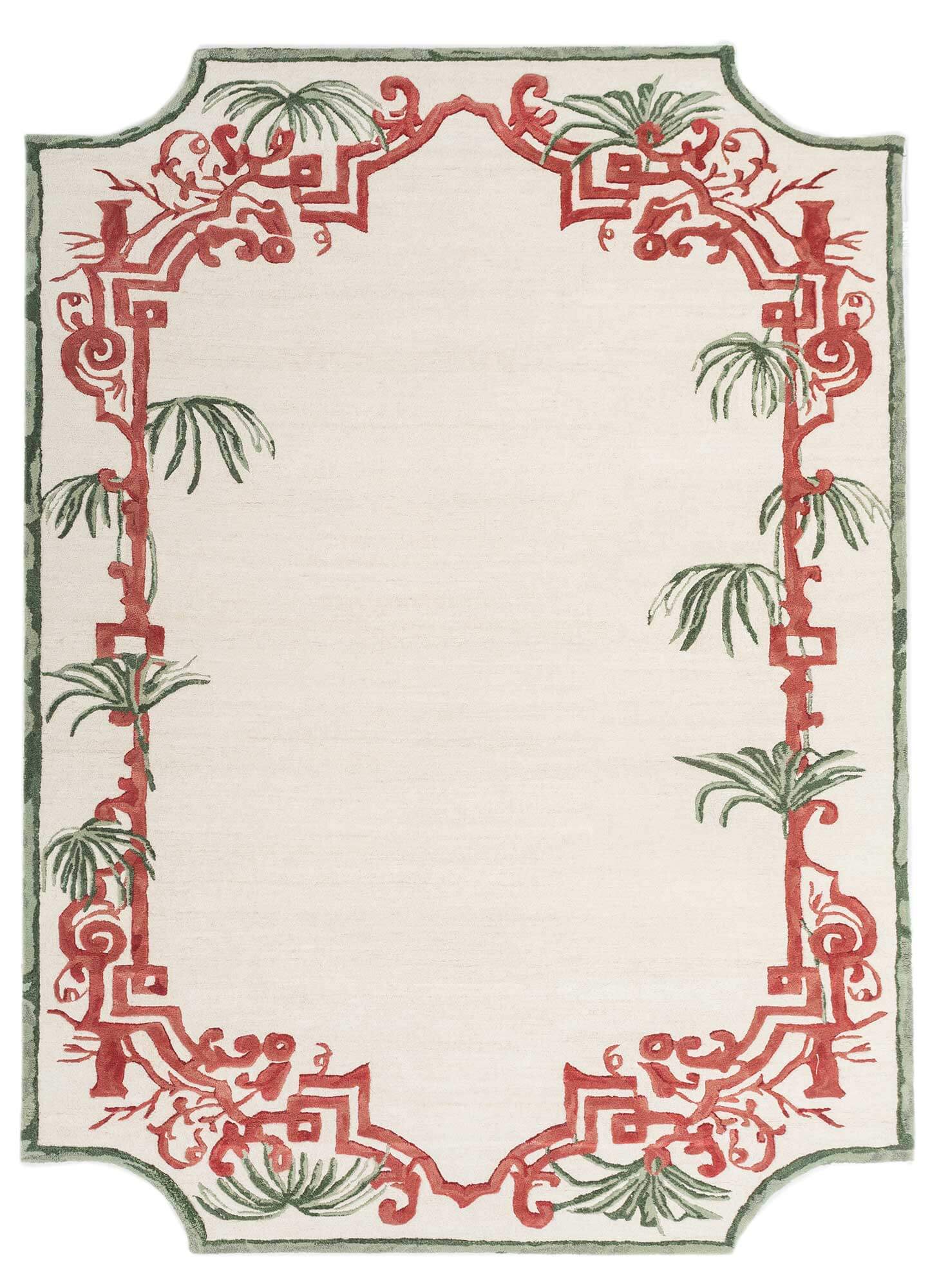 Hand tufted pink and green tropical rug with floral design, perfect for modern home decor and elegant living spaces.