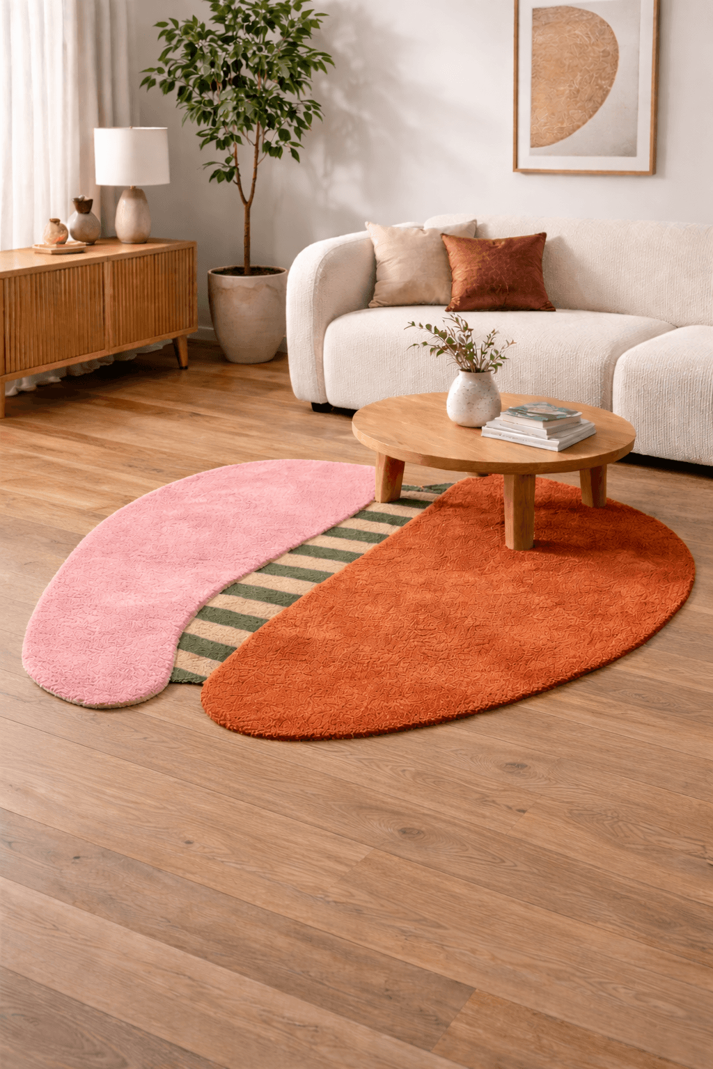 abstract wool rug for modern home displayed in a cozy living room with wooden flooring and stylish furniture.