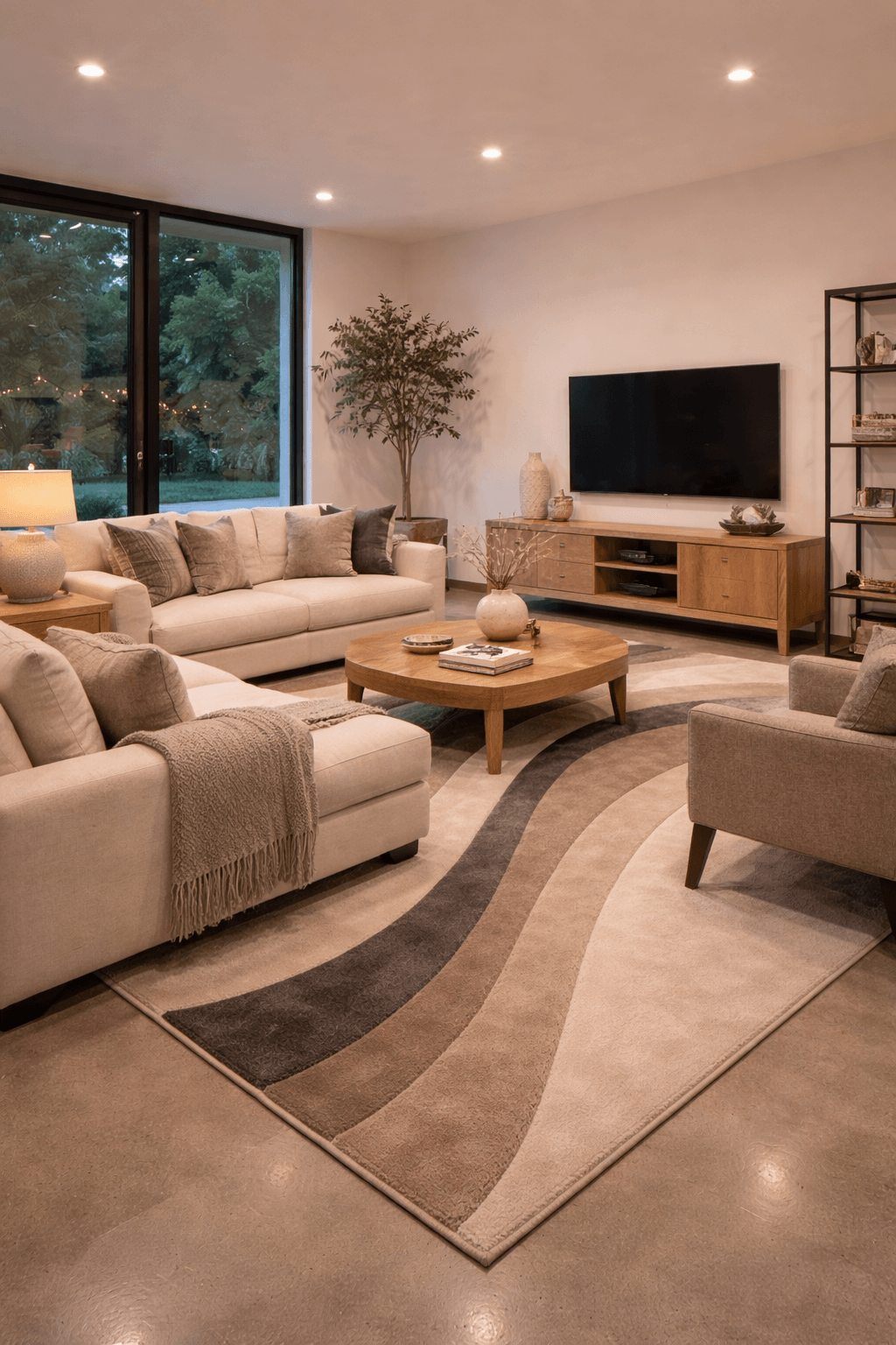 Contemporary wave rug displayed in a modern living room with neutral tones and stylish furniture.