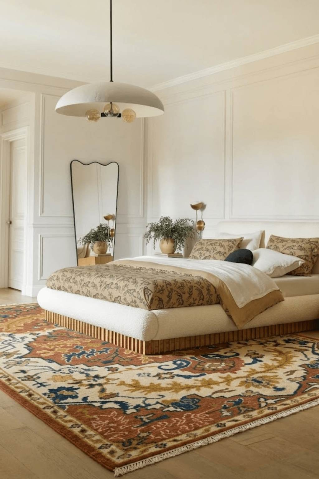 Hand-knotted wool medallion rug in a stylish bedroom with a warm, earthy palette and elegant decor.