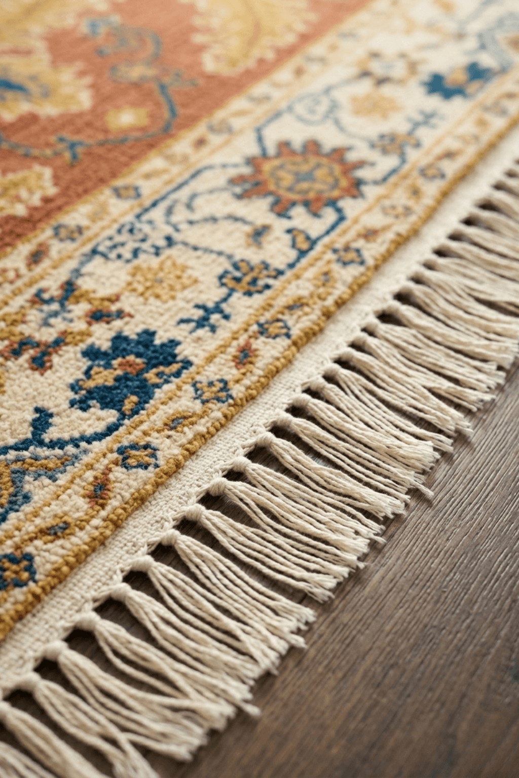 Detailed view of hand-knotted wool medallion rug showcasing intricate fringes and botanical motifs.