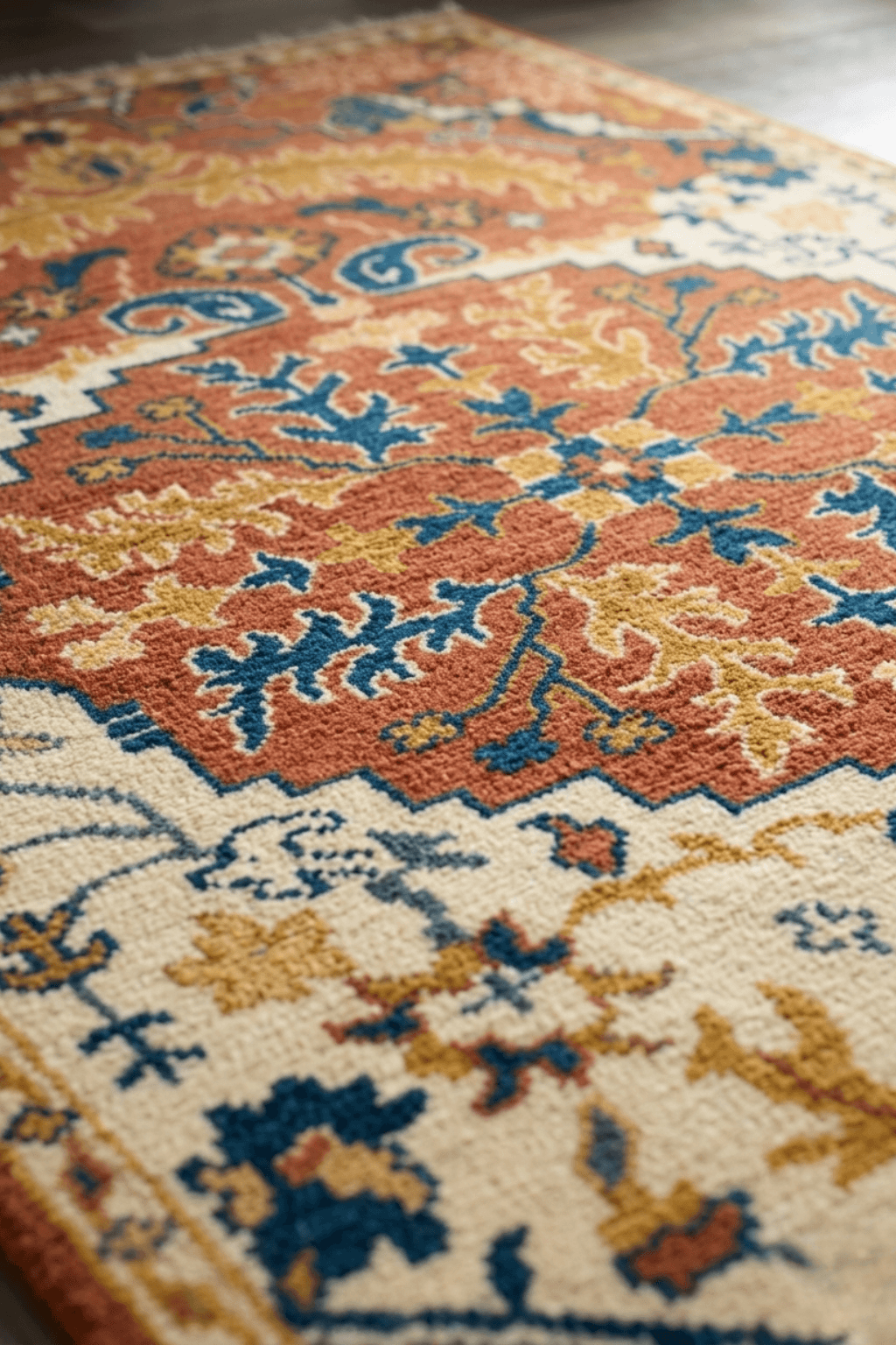 Hand-knotted wool medallion rug showcasing intricate designs and vibrant earthy colors.