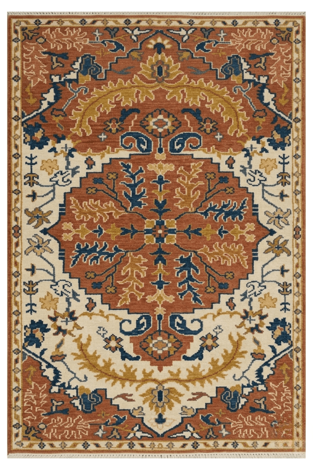 Hand-knotted wool medallion rug featuring a central design and intricate botanical motifs in terracotta and ochre shades.